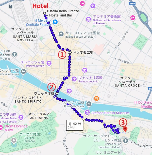 フィレンツェ１日目観光マップ
