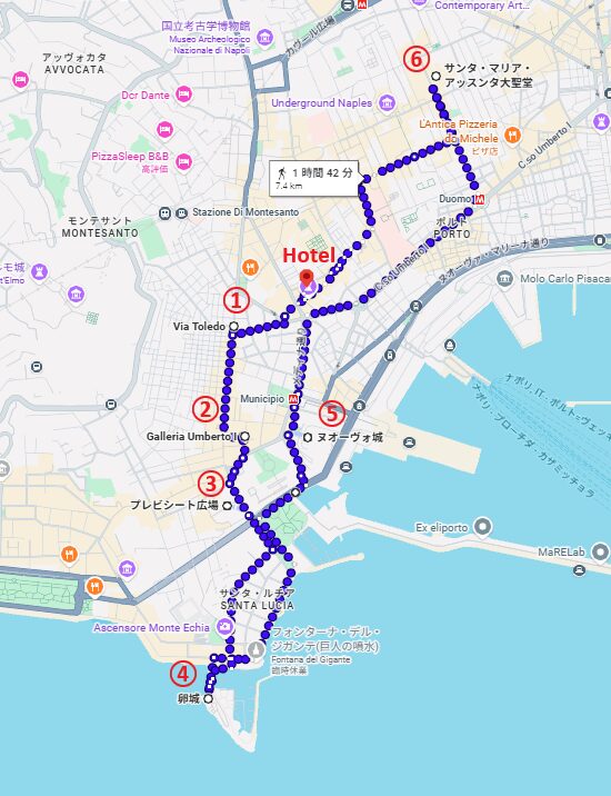 ナポリの散策ルート地図
