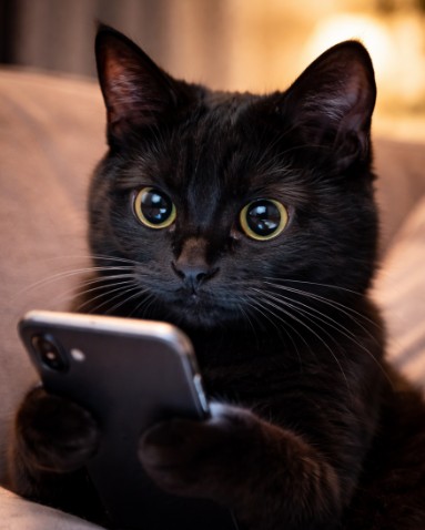 猫がスマホで準備中